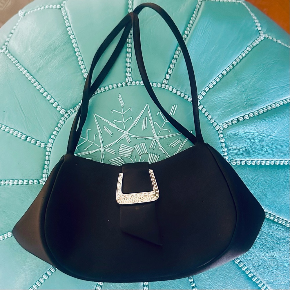 La Regale Black Satin Baguette Bag w/ Crystal Buckle + Hidden Crossbody Strap